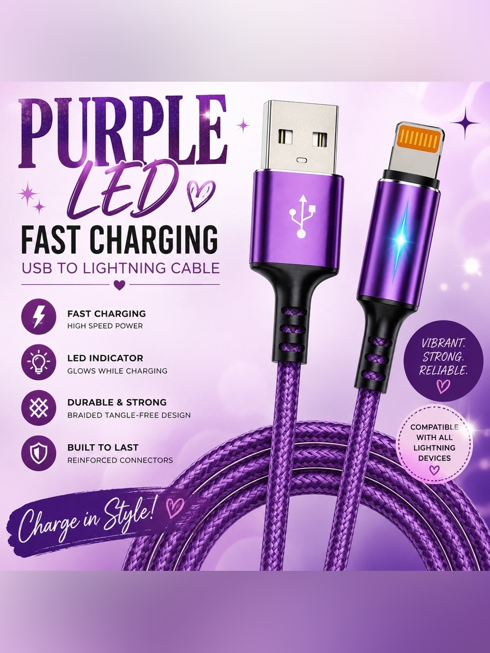 Purple LED Fast Charging USB to Lightning Charging Cable for iPhone/iPad 10ft